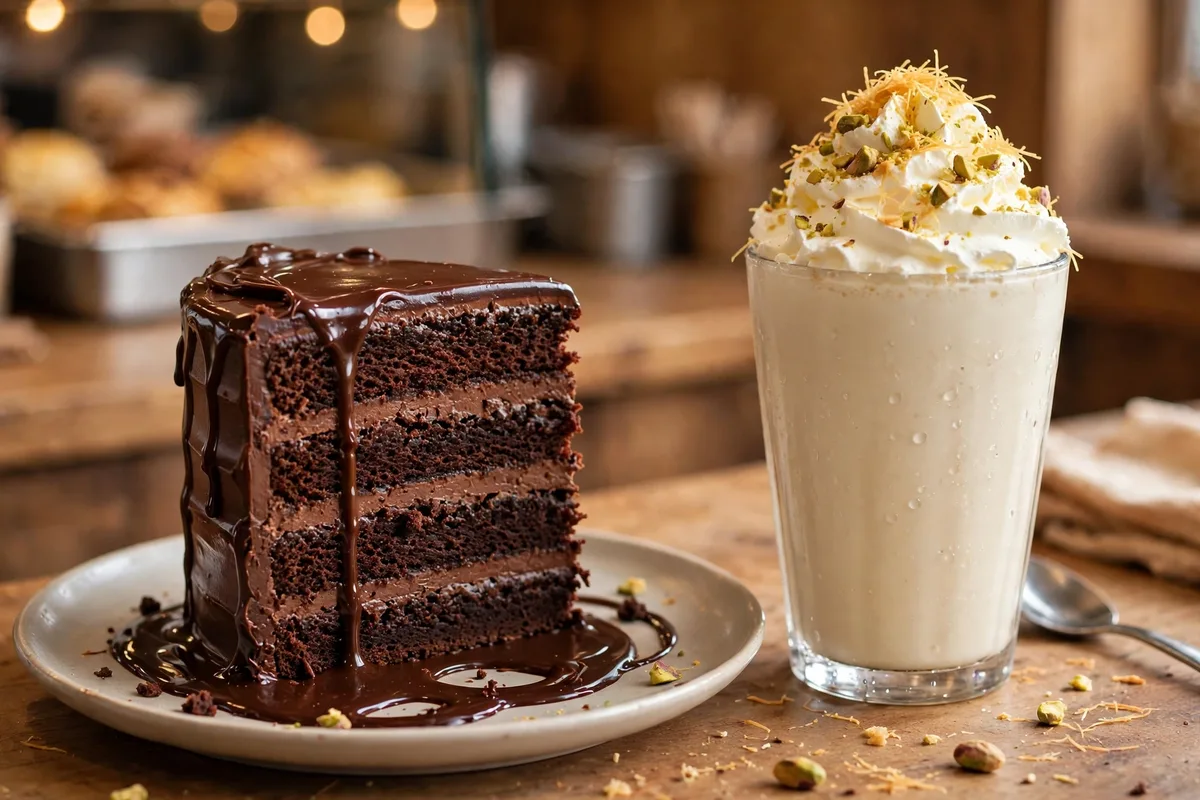 A slice of layered chocolate Matilda cake next to a kunafa milkshake topped with whipped cream and pistachio