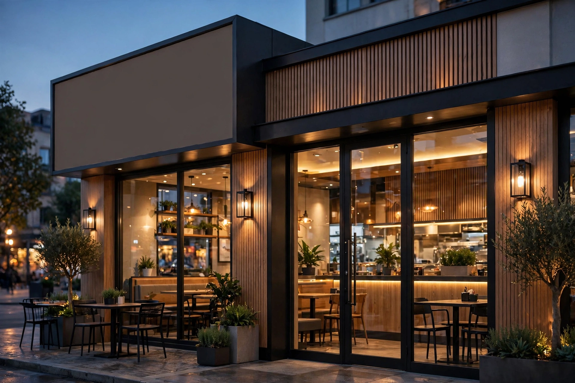 Modern chicken restaurant storefront at dusk, representing a Dixy Chicken franchise opportunity