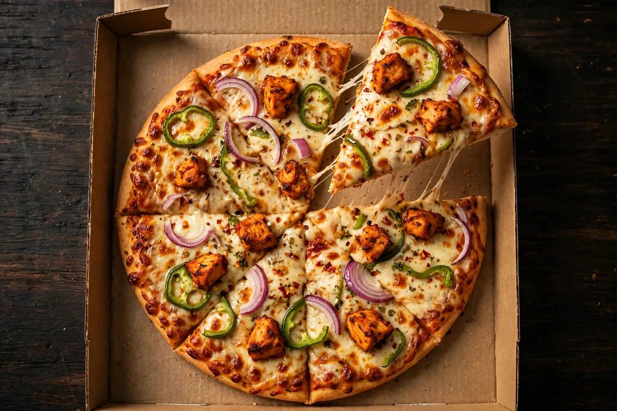 A Dixy Chicken peri peri chicken pizza in an open takeaway box, topped with peppers, red onion and melted cheese
