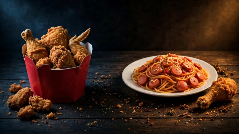 Fried chicken bucket next to Jolly Spaghetti - Dixy Chicken vs Jollibee comparison