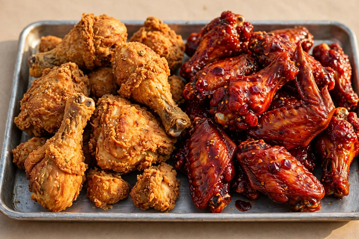 Dixy Chicken Classic Recipe chicken pieces next to a pile of Sizzler wings, showing the two coatings side by side