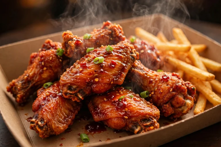 Sizzler wings in a spicy glaze with fries in a tray