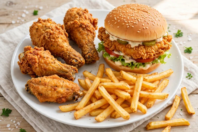 Fried chicken pieces, chicken burger and chips for the Dixy Chicken vs KFC comparison