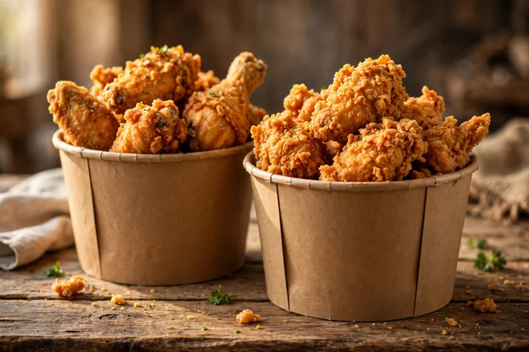 Two buckets of crispy fried chicken side by side for the Dixy Chicken vs Sam's Chicken comparison